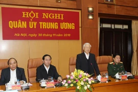 Tổng Bí thư Nguyễn Phú Trọng, Bí thư Quân ủy Trung ương phát biểu tại Hội nghị. (Ảnh: Trí Dũng/TTXVN)