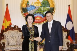 Chủ tịch Quốc hội Nguyễn Thị Kim Ngân và Thủ tướng Lào Thongloun Sisoulith. (Ảnh: Trọng Đức/TTXVN)