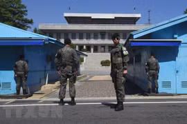 Binh sỹ Hàn Quốc gác tại khu vực phi quân sự ở làng đình chiến Panmunjom. (Nguồn: AFP/TTXVN)