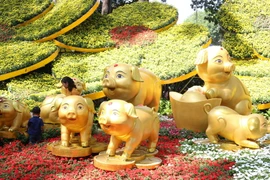 Cụm hoa mai và bầy 'linh vật' Heo tại cổng vào trên đường Trường Định. (Ảnh: Trần Xuân Tình/TTXVN)