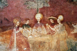 Hình ảnh những người chơi bài trong bức bích họa tại Palazzo Borromeo ở Milan, được vẽ vào năm 1450 - khoảng thời gian trò chơi tarocchi mới xuất hiện (tarocchi sau này được những người nói tiếng Pháp gọi là tarot). (Nguồn: National Geographic)