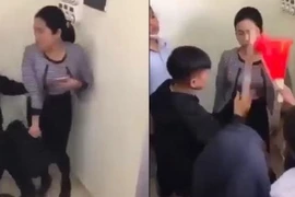 Nhóm học sinh Trường Trung học Cơ sở Văn Phú có hành vi ngỗ ngược đối với giáo viên. (Ảnh cắt từ clip)