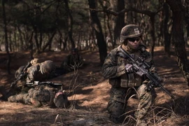 Binh sỹ Mỹ tham gia tập trận tại thành phố cảng Pohang, miền đông nam Hàn Quốc ngày 15/3. (Nguồn: AFP/TTXVN)