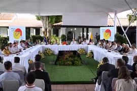 Quang cảnh vòng đàm phán hòa bình thứ 4 giữa đại diện Chính phủ Colombia và lực lượng vũ trang Quân đội Giải phóng Quốc gia (ELN) ở Caracas, Venezuela, ngày 14/8/2023. (Ảnh: AFP/TTXVN)