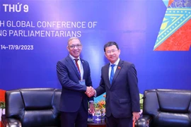 Chủ nhiệm Ủy ban Đối ngoại của Quốc hội Vũ Hải Hà tiếp Ngài Duarte Pacheco, Chủ tịch Liên minh Nghị viện Thế giới (IPU). (Ảnh: TTXVN)