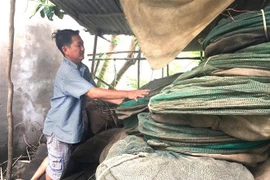 Anh Âu Văn Khải, ngụ tại ấp Tắc Trúc, xã Nhơn Hội, huyện An Phú, tỉnh An Giang, xếp gọn 2.000m lưới đánh cá để chờ bán vào mùa lũ năm sau. (Ảnh: Hồng Nhung/TTXVN)