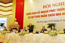 Tổng Bí thư Nguyễn Phú Trọng, Chủ tịch nước Trần Đại Quang, Thủ tướng Chính phủ Nguyễn Xuân Phúc, Chủ tịch Quốc hội Nguyễn Thị Kim Ngân dự hội nghị. (Ảnh: Trí Dũng/TTXVN)