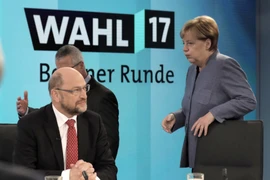 Thủ tướng Đức Angela Merkel (phải) và Chủ tịch SPD Martin Schulz (trái) tại một sự kiện ở Berlin. (Nguồn: AFP/TTXVN