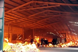 Khu nhà xưởng bốc cháy dữ dội. (Ảnh: Quang Cường/TTXVN)