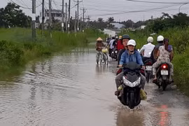 Tuyến đường khu dân cư Thiên Long, thành phố Bạc Liêu, bị ngập do triều cường dâng. (Ảnh: Huỳnh Sử/TTXVN)
