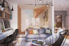 Phòng khách trang trí với tông màu gỗ sáng tự nhiên và họa tiết hình học. Dù không gian rất nhỏ cũng vẫn tạo cho ta cảm giác thoải mái khi dùng bữa bên gia đình.