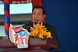 Thủ tướng Campuchia Hunsen phát biểu tại buổi lễ. (Ảnh: Trần Chí Hùng/Vietnam+)