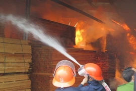 Lực lượng phòng cháy chữa cháy Bắc Ninh dập lửa. (Ảnh: Thái Hùng/TTXVN)