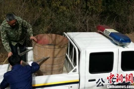 Cảnh sát thu giữ chiếc thùng được sử dụng để hâp người phụ nữ. (Nguồn: shanghaiist)