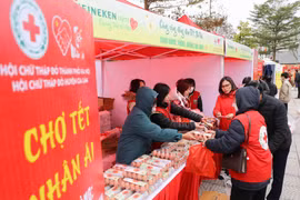 Chương trình chợ "Tết nhân ái" do Hội Chữ thập Đỏ thành phố Hà Nội tổ chức cho các hộ có hoàn cảnh khó khăn. (Ảnh: Thanh Tùng/TTXVN)