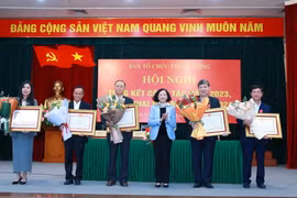 Đồng chí Trương Thị Mai trao Huân chương Lao động của Chủ tịch nước và Bằng khen của Thủ tướng Chính phủ cho các cá nhân có thành tích xuất sắc. (Ảnh: Phương Hoa/TTXVN)