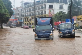 Mưa lớn khiến tuyến đường ở thị trấn Mộc Châu, huyện Mộc Châu, tỉnh Sơn La bị ngập nước. (Ảnh: TTXVN phát)