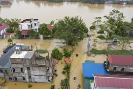 Thôn Nhân Lý (xã Nam Phương Tiến, huyện Chương Mỹ) ngập chìm trong nước. (Ảnh: Hoài Nam/TTXVN)