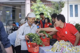 Niềm vui của người dân nghèo khi được mua sắm tại phiên chợ nhân đạo. (Ảnh: Trọng Đạt/TTXVN)