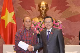 Phó Chủ tịch Phùng Quốc Hiển tiếp Kiểm toán Nhà nước Buhtan Tshering Kezang. (Ảnh: Dương Giang/TTXVN)