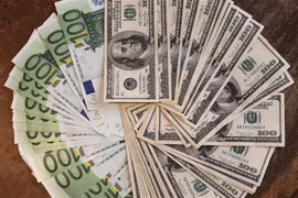 Đồng tiền mệnh giá 100 euro (trái) và 100 USD (phải). (Ảnh: AFP/TTXVN)