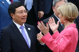 Phó Thủ tướng, Bộ trưởng Ngoại giao Phạm Bình Minh, Chủ tịch Ủy ban Quốc gia APEC 2017 trao đổi với các đại biểu bên lề hội nghị. (Nguồn: TTXVN)