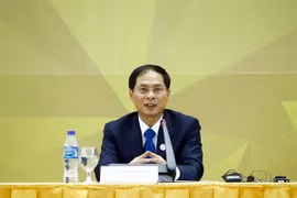 Thứ trưởng Thường trực Bộ Ngoại giao Bùi Thanh Sơn, Phó Chủ tịch Ủy ban Quốc gia APEC 2017, Chủ tịch Hội nghị các Quan chức Cao cấp (SOM) APEC 2017 trả lời các câu hỏi của phóng viên tại buổi Họp báo. (Nguồn: TTXVN)