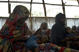 Trẻ em Somalia bị suy dinh đưỡng đợi khám bệnh tại một trại tị nạn ở ngoại ô Mogadishu. (Nguồn: AFP/TTXVN)
