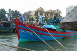 Ngư dân neo đậu, gia cố tàu thuyền an toàn trước khi bão đổ bộ vào bờ. (Ảnh: Võ Dung/TTXVN)