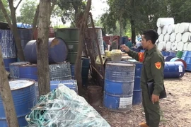 Hơn 3.000 thùng phi chứa dầu nhớt thải đã qua sử dụng, chưa qua xử lý tại khu đất trống của Công ty môi trường Tươi Xanh. (Ảnh: Nguyễn Văn Việt/TTXVN)