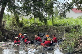 Nhóm công nhân tình nguyện Bình Dương Xanh chuyên dọn rác thải tại các kênh rạch tại Bình Dương. (Ảnh: Huyền Trang/TTXVN)