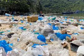 Khu vực bãi Chính của vịnh Vũng Rô thuộc xã Hòa Xuân Nam, thị xã Đông Hòa (Phú Yên) ngập tràn rác thải nhựa. (Ảnh: Tường Quân/TTXVN)