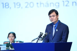 Bí thư Thứ nhất Trung ương Đoàn Thanh niên Cộng sản Hồ Chí Minh Bùi Quang Huy phát biểu tại phiên khai mạc Đại hội. (Ảnh: TTXVN)
