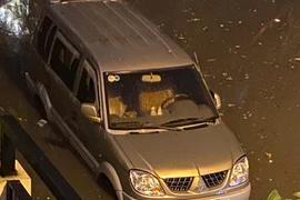 Một xe ôtô đỗ ven đường bị nước ngập đến tận cửa xe (Ảnh: Vietnam+)