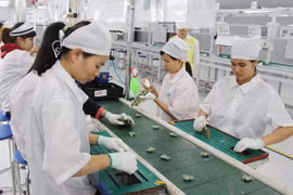 Sản xuất phụ kiện điện thoại di động tại một doanh nghiệp 100% vốn Hàn Quốc tại Thái Nguyên. (Nguồn: TTXVN)
