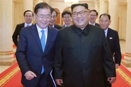 Nhà lãnh đạo Triều Tiên Kim Jong-un (phải) và Cố vấn an ninh hàng đầu của Tổng thống Hàn Quốc, ông Chung Eui-yong (trái) tại cuộc gặp ở Bình Nhưỡng ngày 5/9. (Ảnh: AFP/TTXVN)