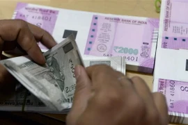 Kiểm đồng rupee tại một ngân hàng ở Mumbai, Ấn Độ. (Ảnh: AFP/TTXVN)
