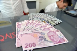 Đồng Lira của Thổ Nhĩ Kỳ và đồng đôla Mỹ tại một cửa hàng đổi tiền ở Ankara. (Ảnh: THX/TTXVN)