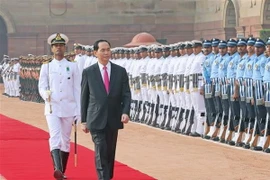 Chủ tịch nước Trần Đại Quang duyệt đội danh dự tại Lễ đón chính thức trong chuyến thăm cấp Nhà nước tới Cộng hòa Ấn Độ, ngày 3/3/2018, tại Thủ đô New Dehli. (Ảnh: Nhan Sáng/TTXVN)