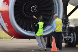 Kiểm tra động cơ chiếc máy bay của AirAsia sau khi bị chim tấn công. (Nguồn: EPA)