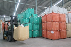 Vận chuyển gạo vào kho chứa. (Ảnh: Hồng Nhung/TTXVN)