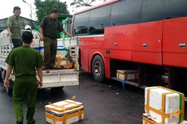 Lực lượng chức năng kiểm tra xe ôtô biển kiểm soát 14B-003.69 và thu giữ số hàng cá đông lạnh đựng trong các thùng xốp. (Ảnh: Nguyễn Hoàng/TTXVN)
