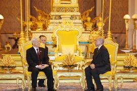 Tổng Bí thư Nguyễn Phú Trọng hội đàm với Quốc vương Campuchia Norodom Sihamoni. (Ảnh: Trí Dũng/TTXVN)