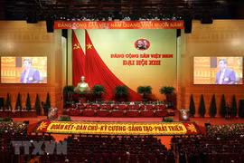 Quang cảnh phiên làm việc chiều 27/1 của Đại hội XIII, tại hội trường Trung tâm Hội nghị Quốc gia. (Ảnh: TTXVN) 