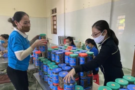 Người dân thị xã Cửa Lò (Nghệ An) chế biến cá khô rim cùng lạc rang, đóng thành hộp để hỗ trợ người dân Thành phố Hồ Chí Minh chống dịch COVID-19. (Ảnh: Tá Chuyên/TTXVN) 