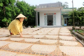 Người dân làng nghề bánh tráng Cù lao Mây tất bật phơi bánh để kịp giao cho khách. (Ảnh: Lê Thúy Hằng/TTXVN)