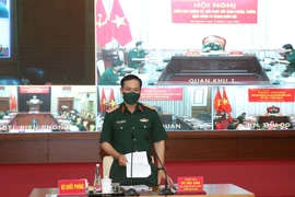 Thượng tướng, Thứ trưởng Bộ Quốc phòng Vũ Hải Sản phát biểu tại Hội nghị. (Ảnh: Hồng Pha/TTXVN phát)