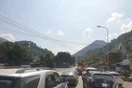 Do lượng phương tiện lưu thông quá đông trên Quốc lộ 20, đặc biệt là đoạn qua đèo Bảo Lộc khiến lịch trình thi đấu của đoàn đua bị chậm hơn 30 phút so với dự kiến. (Ảnh: Đặng Tuấn/TTXVN)