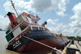 Tàu chở container ALICA bị nghiêng khiến nhiều container bị rơi xuống sông. (Ảnh: TTXVN phát)