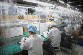 Khu sản xuất đông người có màn chắn để phòng, chống dịch tại Công ty TNHH Fuhong Precision Component. (Ảnh: Danh Lam/TTXVN) 
